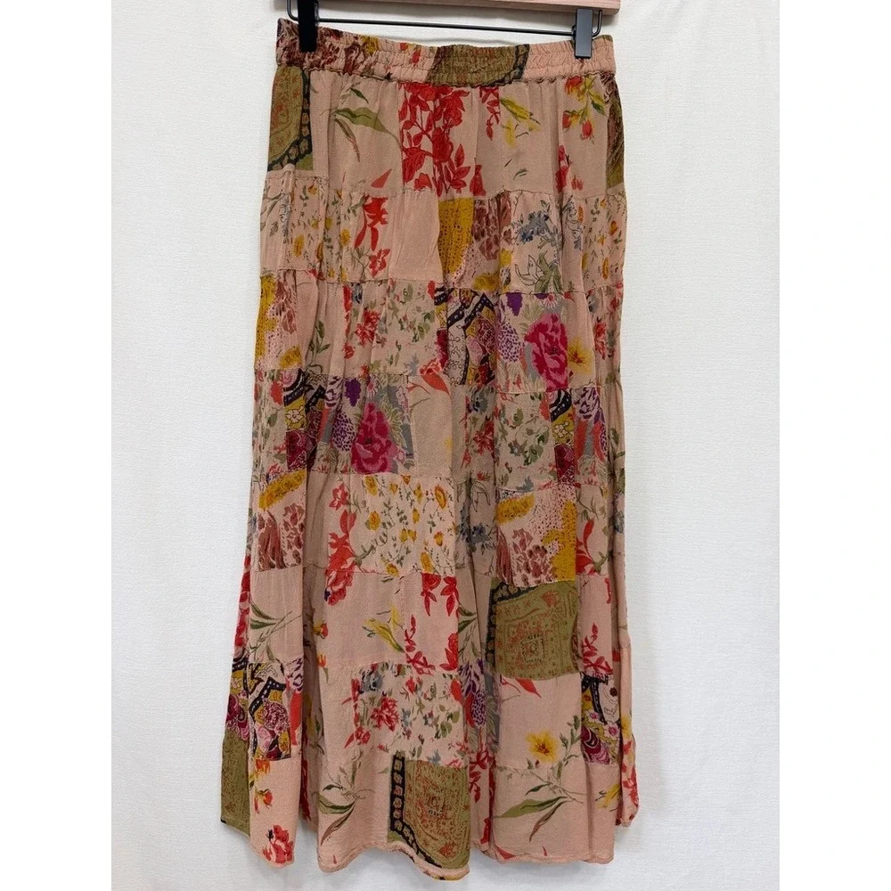 Passports Floral Patchwork Rayon Maxi Skirt Women Medium Pink Boho Vintage 90s